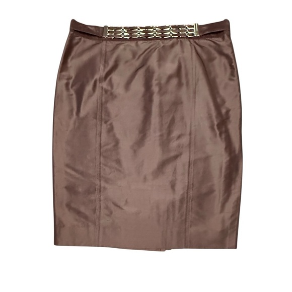 Carlisle 100% Silk Brown Midi Pencil Skirt w/ Metal Belted Waist Size 10/Medium - Picture 1 of 9